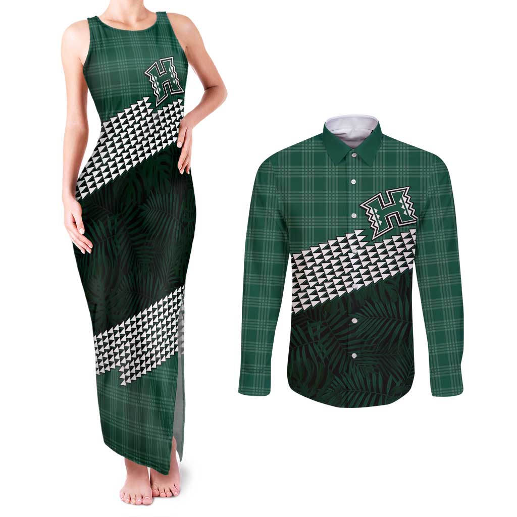 Rainbow Warriors Hawaii Personalized Palaka Couples Matching Tank Maxi Dress and Long Sleeve Button Shirt LT7 Green - Polynesian Pride