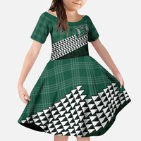 Rainbow Warriors Hawaii Personalized Palaka Family Matching Off The Shoulder Long Sleeve Dress and Hawaiian Shirt LT7 Daughter's Dress Green - Polynesian Pride