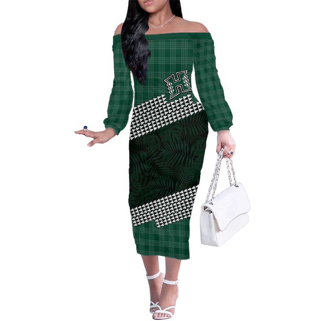 Rainbow Warriors Hawaii Personalized Palaka Family Matching Off The Shoulder Long Sleeve Dress and Hawaiian Shirt LT7 Mom's Dress Green - Polynesian Pride