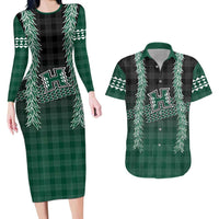 Rainbow Warriors Hawaii Palaka Couples Matching Long Sleeve Bodycon Dress and Hawaiian Shirt Maile Lei - Polynesian Pride