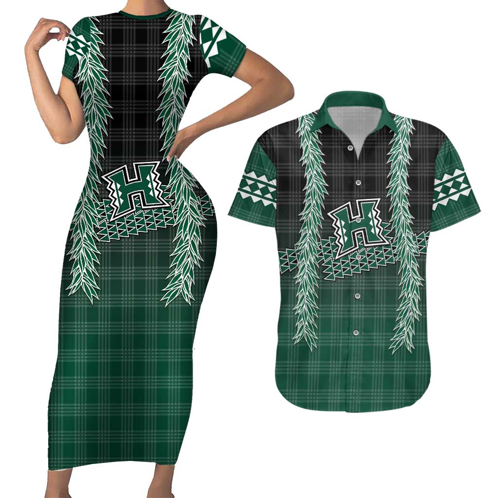 Rainbow Warriors Hawaii Palaka Couples Matching Short Sleeve Bodycon Dress and Hawaiian Shirt Maile Lei - Polynesian Pride