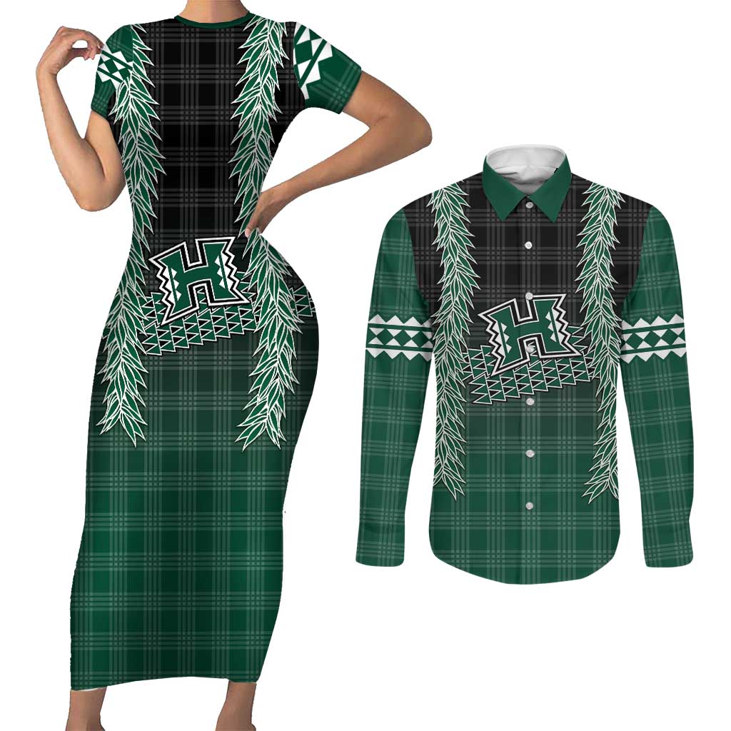Rainbow Warriors Hawaii Palaka Couples Matching Short Sleeve Bodycon Dress and Long Sleeve Button Shirt Maile Lei - Polynesian Pride