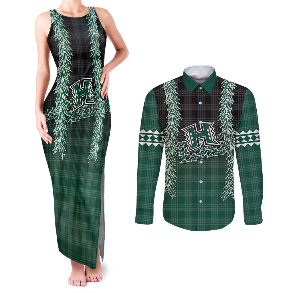Rainbow Warriors Hawaii Palaka Couples Matching Tank Maxi Dress and Long Sleeve Button Shirt Maile Lei LT7 Dark Green - Polynesian Pride