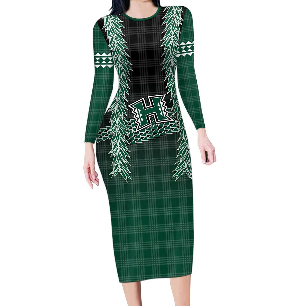Rainbow Warriors Hawaii Palaka Family Matching Long Sleeve Bodycon Dress and Hawaiian Shirt Maile Lei LT7 Mom's Dress Dark Green - Polynesian Pride