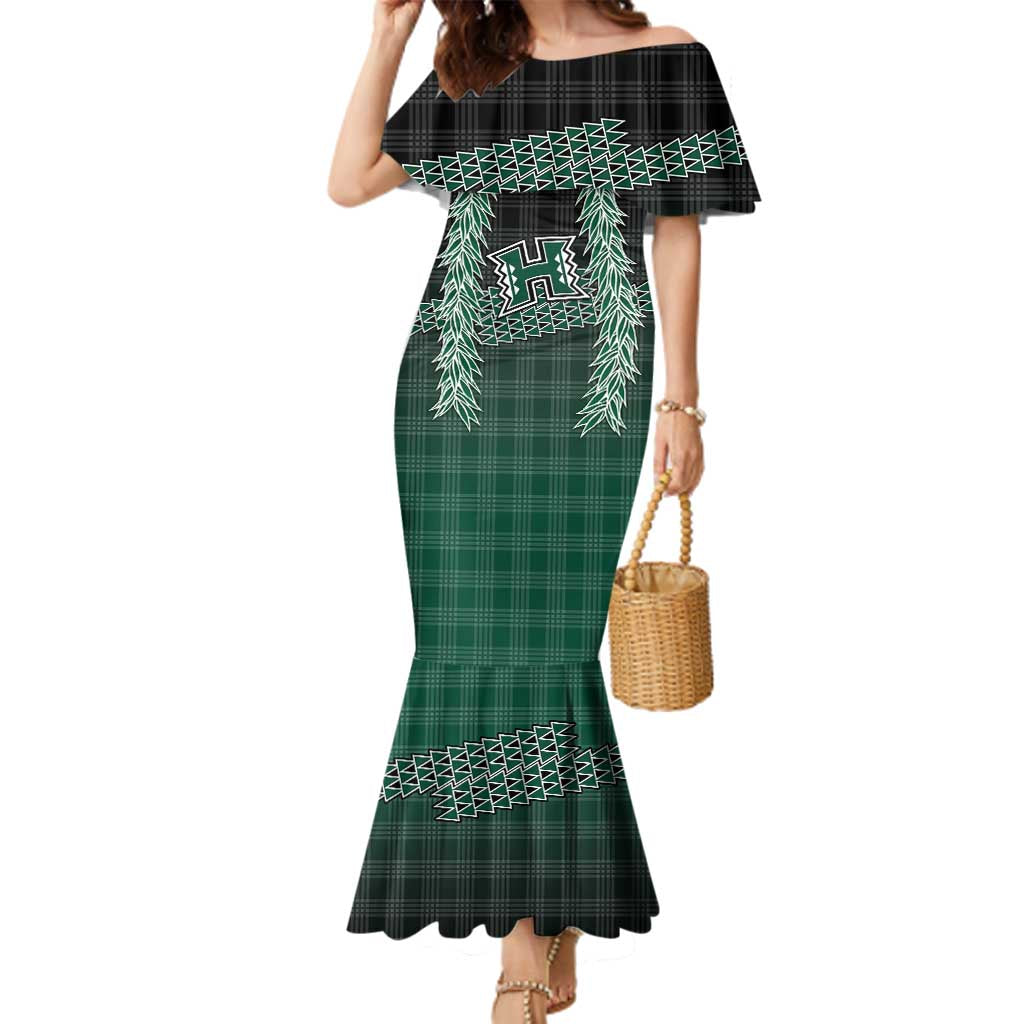 Rainbow Warriors Hawaii Palaka Family Matching Mermaid Dress and Hawaiian Shirt Maile Lei LT7 Mom's Dress Dark Green - Polynesian Pride