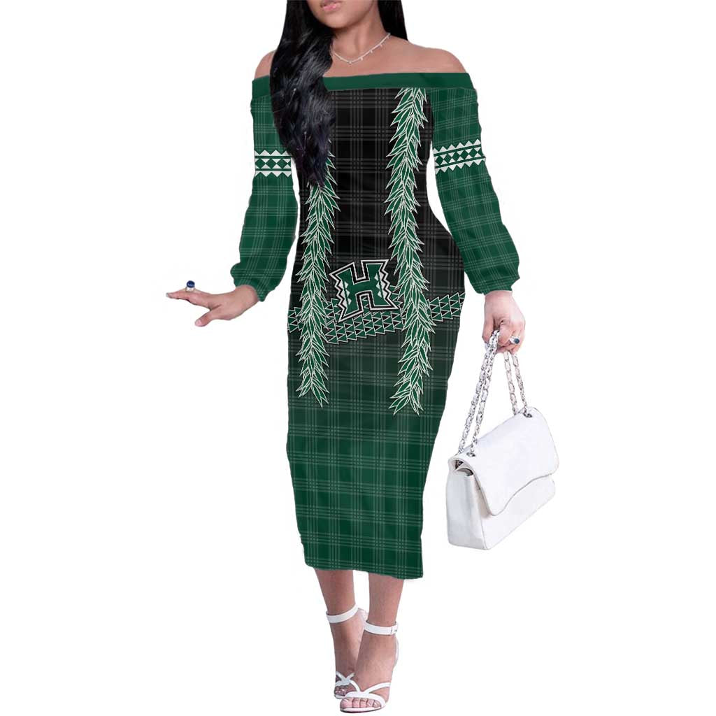 Rainbow Warriors Hawaii Palaka Family Matching Off The Shoulder Long Sleeve Dress and Hawaiian Shirt Maile Lei LT7 Mom's Dress Dark Green - Polynesian Pride