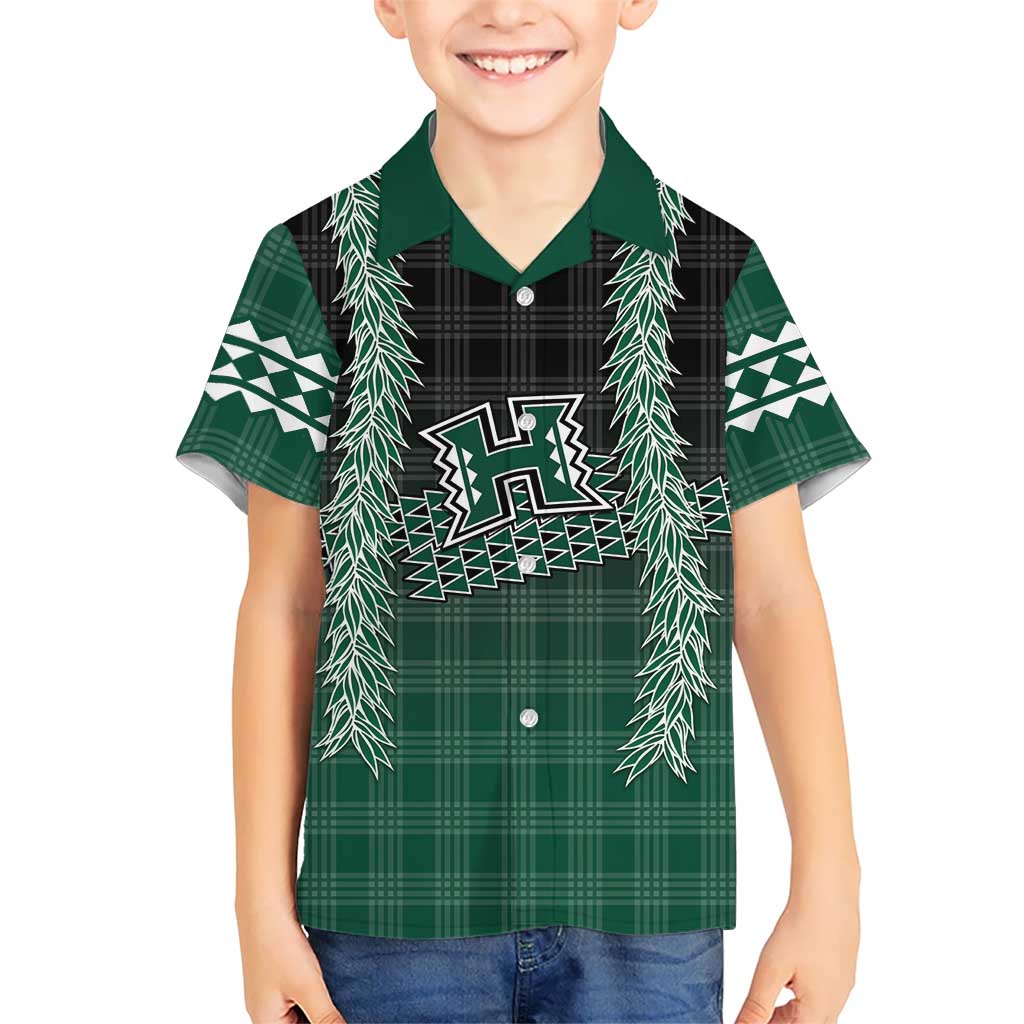 Rainbow Warriors Hawaii Palaka Family Matching Off The Shoulder Long Sleeve Dress and Hawaiian Shirt Maile Lei LT7 Son's Shirt Dark Green - Polynesian Pride