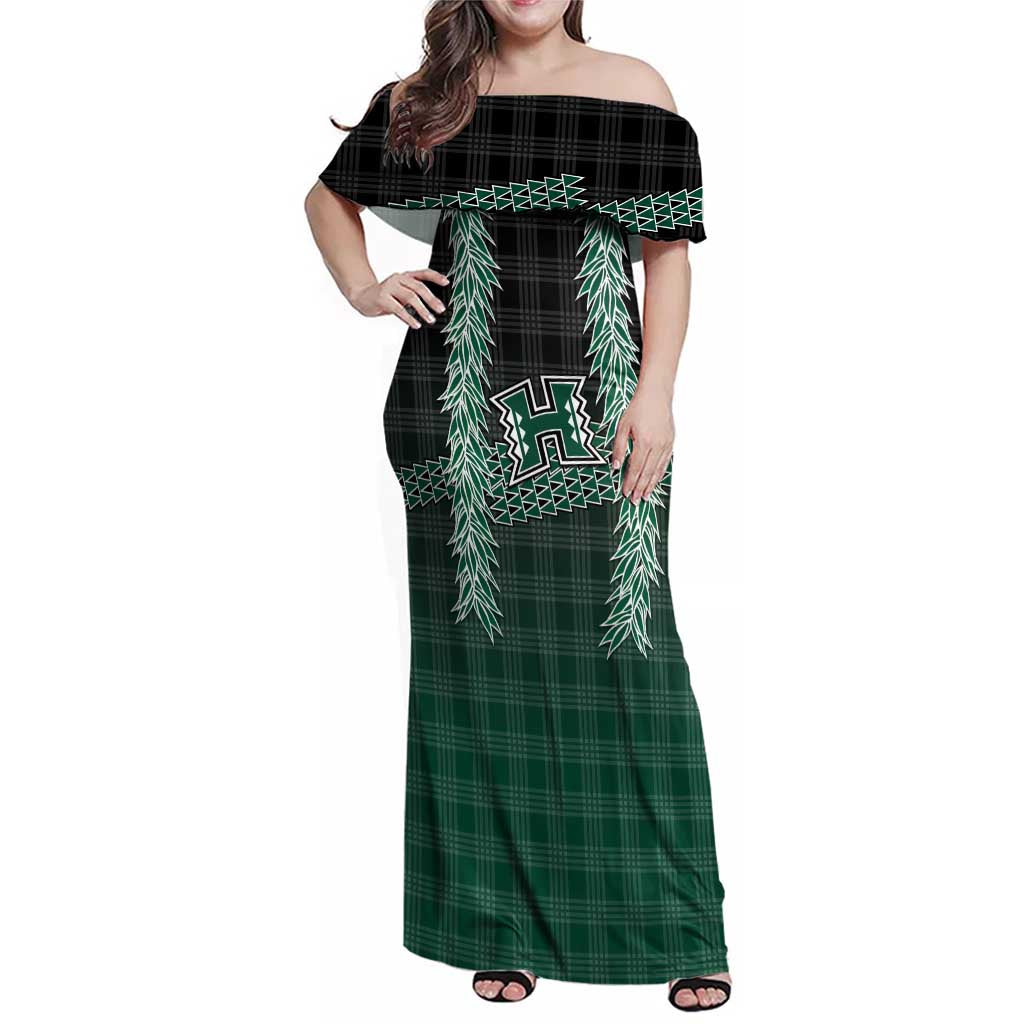 Rainbow Warriors Hawaii Palaka Family Matching Off Shoulder Maxi Dress and Hawaiian Shirt Maile Lei LT7 Mom's Dress Dark Green - Polynesian Pride