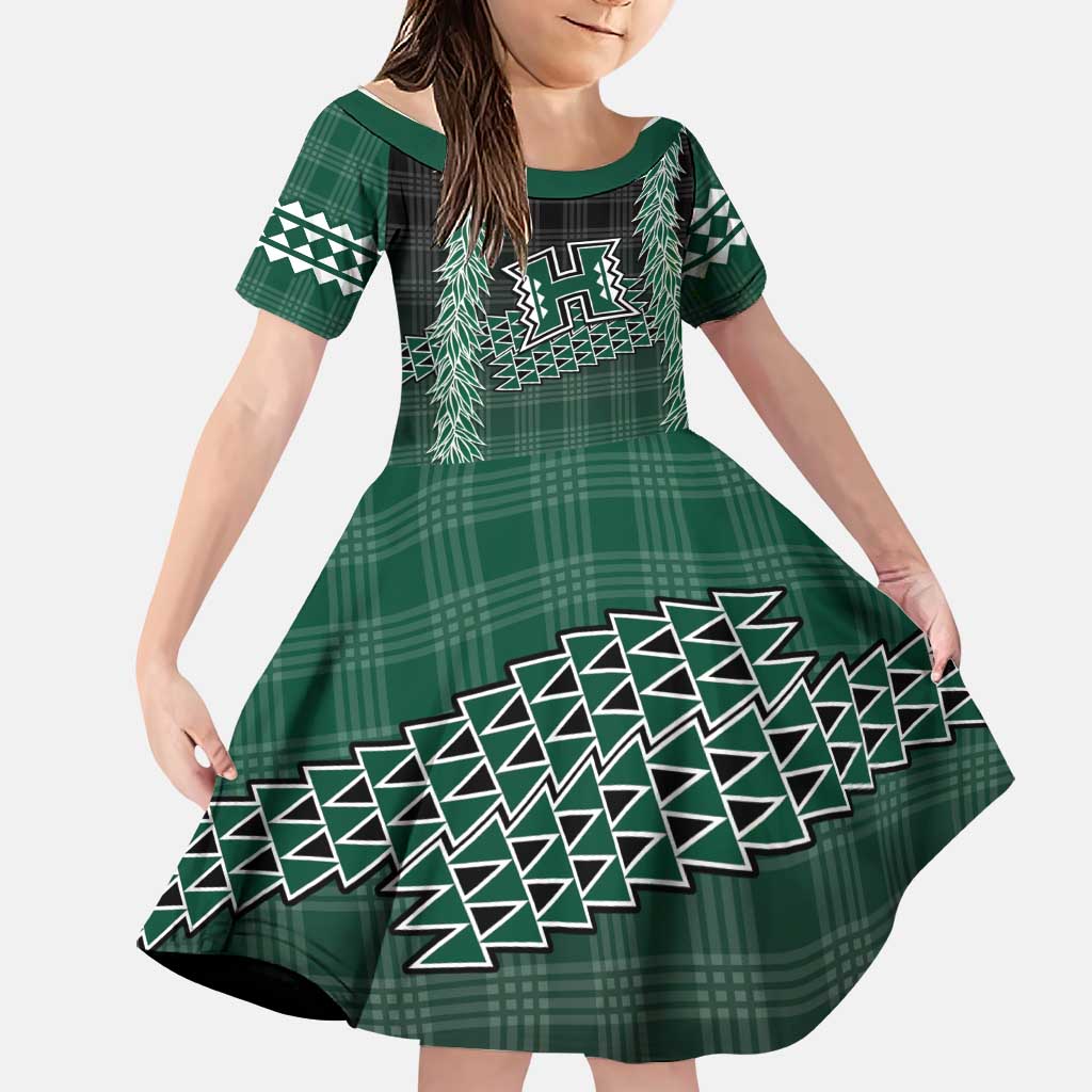 Rainbow Warriors Hawaii Palaka Family Matching Tank Maxi Dress and Hawaiian Shirt Maile Lei LT7 Daughter's Dress Dark Green - Polynesian Pride