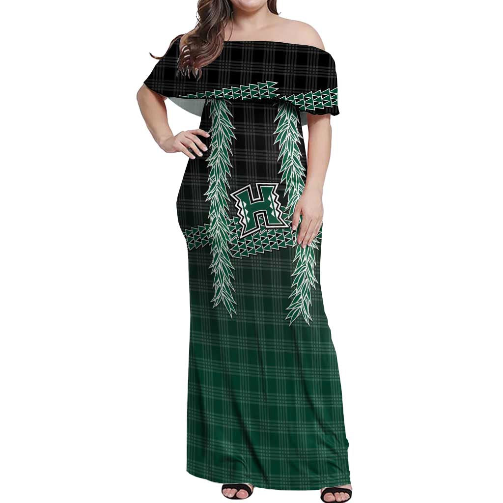 Rainbow Warriors Hawaii Palaka Off Shoulder Maxi Dress Maile Lei LT7 Women Dark Green - Polynesian Pride