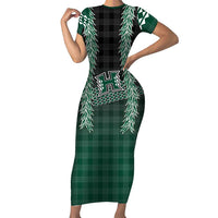 Rainbow Warriors Hawaii Palaka Short Sleeve Bodycon Dress Maile Lei LT7 Long Dress Dark Green - Polynesian Pride