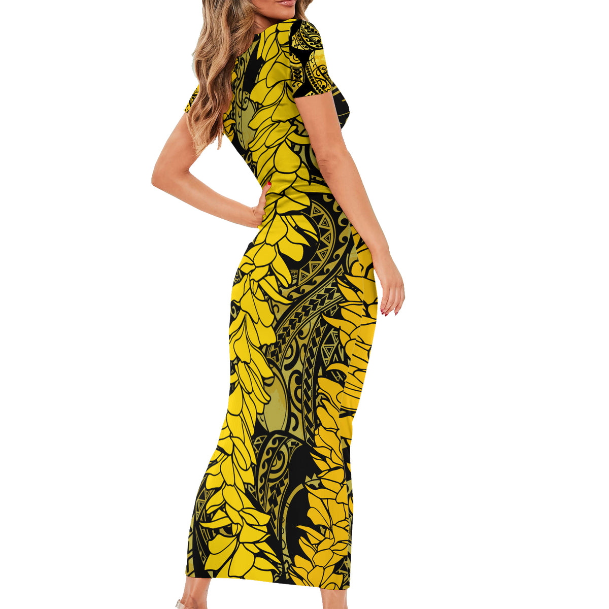 Hawaii Oahu Ilima Lei Short Sleeve Bodycon Dress LT7 - Polynesian Pride