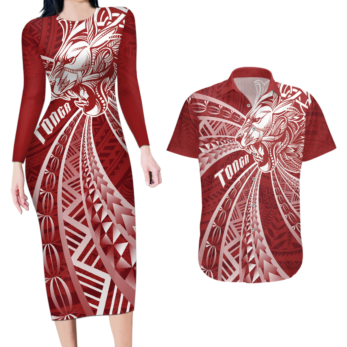 Tonga Independence Day Couples Matching Long Sleeve Bodycon Dress and Hawaiian Shirt Tongatapu Lion Ngatu Motifs LT7 Red - Polynesian Pride