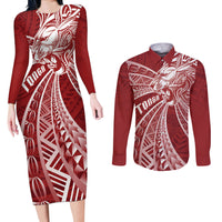 Tonga Independence Day Couples Matching Long Sleeve Bodycon Dress and Long Sleeve Button Shirt Tongatapu Lion Ngatu Motifs LT7 Red - Polynesian Pride
