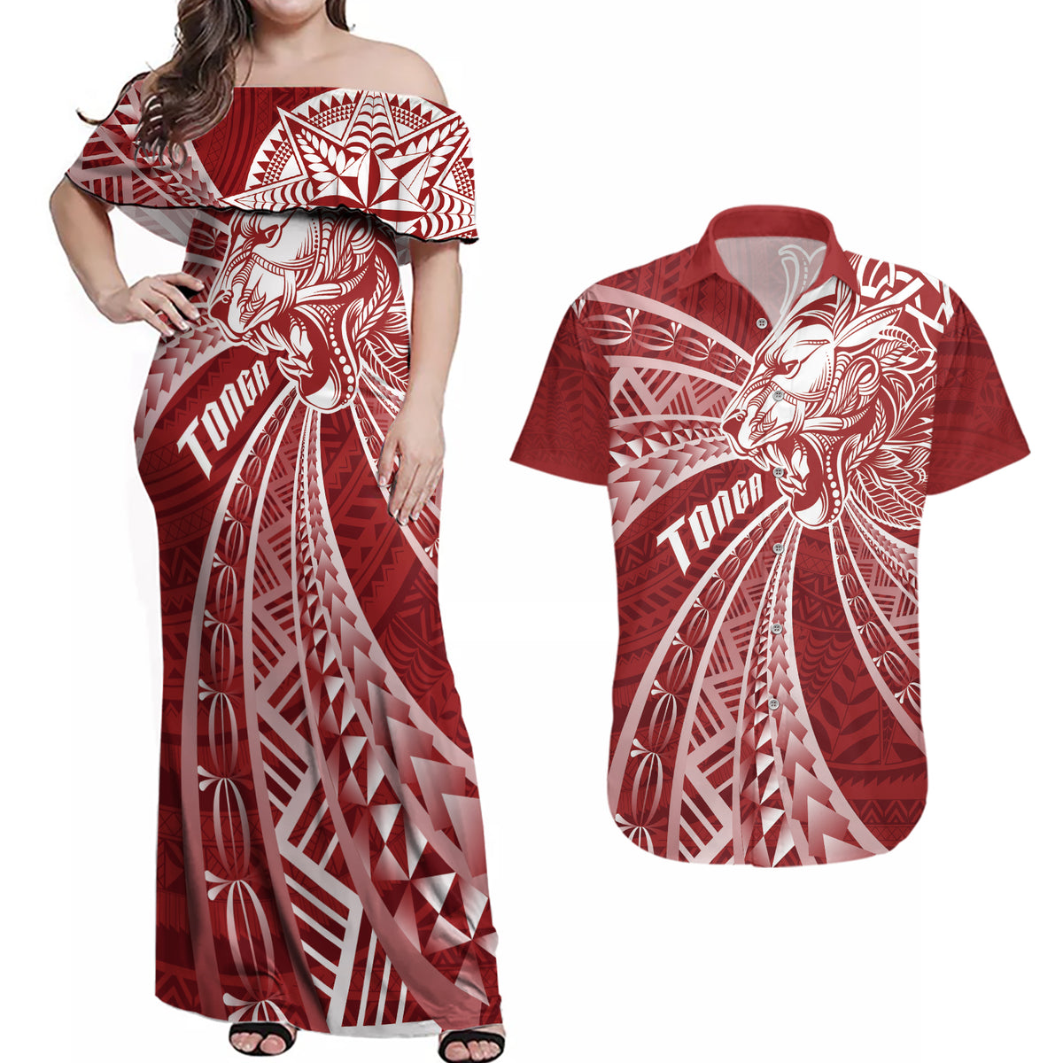 Tonga Independence Day Couples Matching Off Shoulder Maxi Dress and Hawaiian Shirt Tongatapu Lion Ngatu Motifs LT7 Red - Polynesian Pride