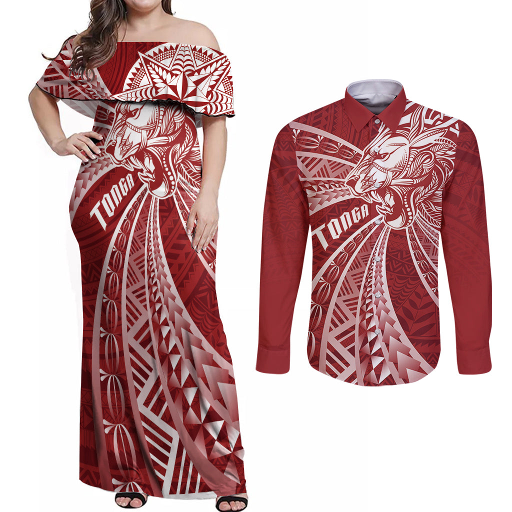 Tonga Independence Day Couples Matching Off Shoulder Maxi Dress and Long Sleeve Button Shirt Tongatapu Lion Ngatu Motifs LT7 Red - Polynesian Pride