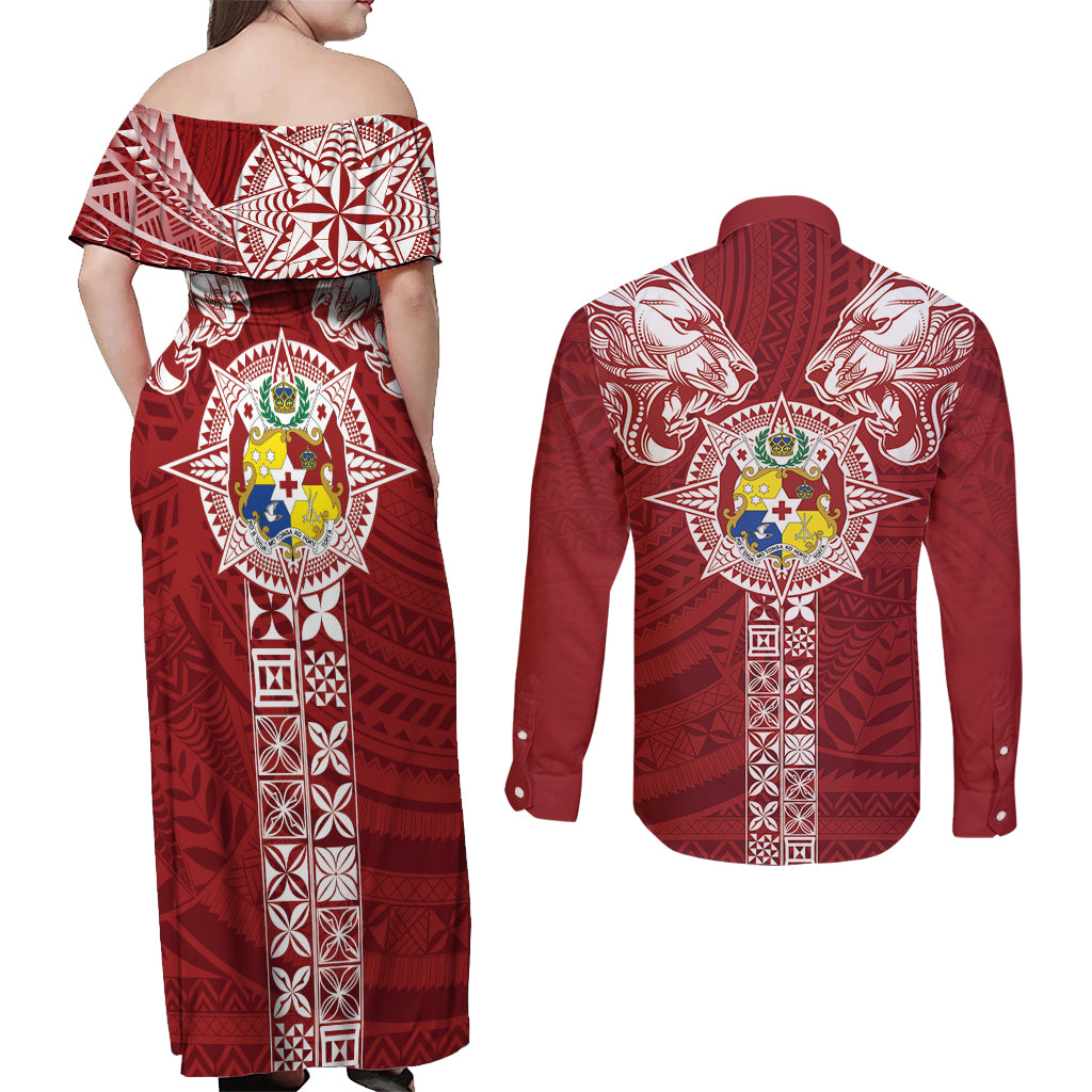 Tonga Independence Day Couples Matching Off Shoulder Maxi Dress and Long Sleeve Button Shirt Tongatapu Lion Ngatu Motifs LT7 - Polynesian Pride