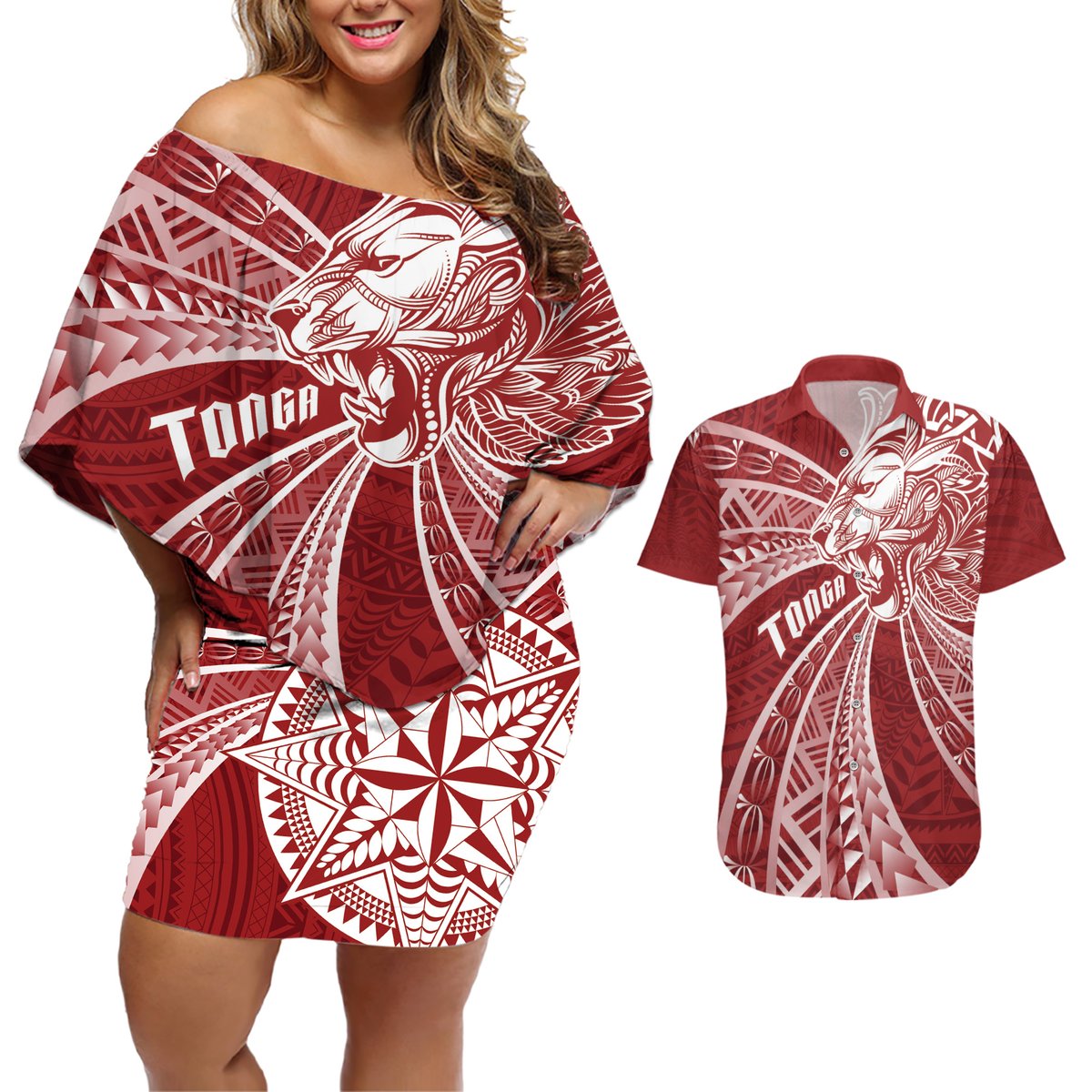 Tonga Independence Day Couples Matching Off Shoulder Short Dress and Hawaiian Shirt Tongatapu Lion Ngatu Motifs LT7 Red - Polynesian Pride