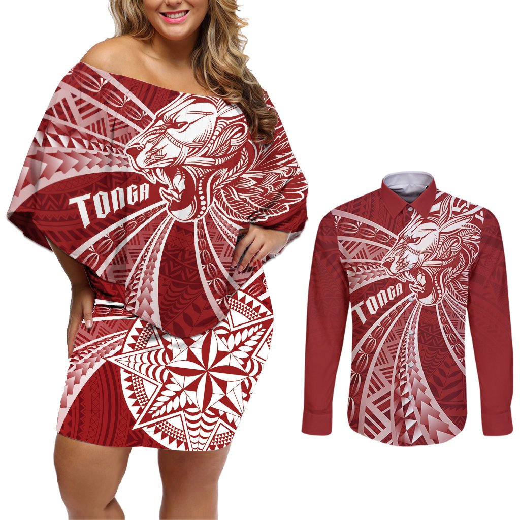 Tonga Independence Day Couples Matching Off Shoulder Short Dress and Long Sleeve Button Shirt Tongatapu Lion Ngatu Motifs LT7 Red - Polynesian Pride