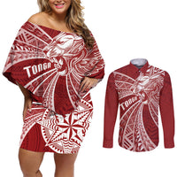 Tonga Independence Day Couples Matching Off Shoulder Short Dress and Long Sleeve Button Shirt Tongatapu Lion Ngatu Motifs LT7 Red - Polynesian Pride