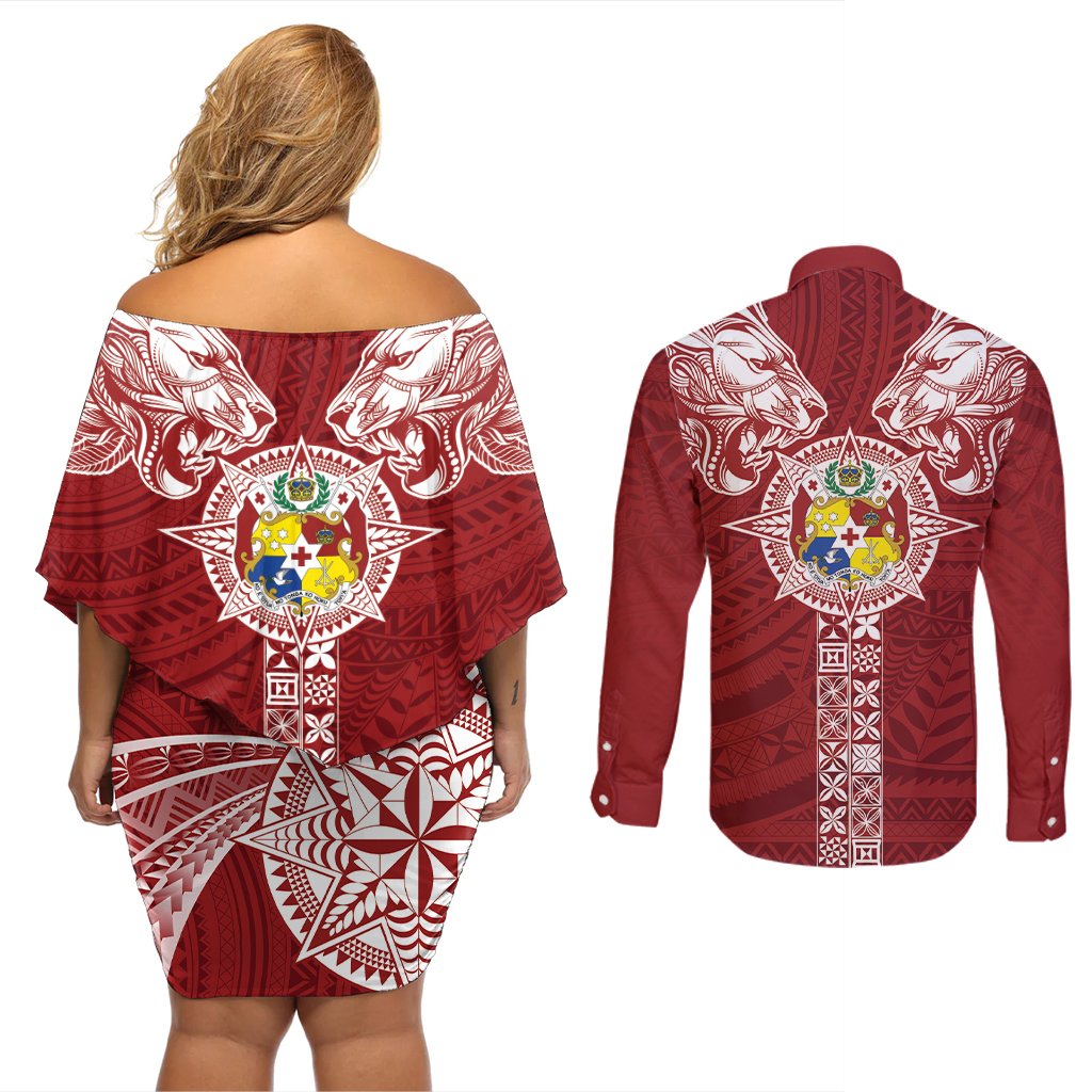 Tonga Independence Day Couples Matching Off Shoulder Short Dress and Long Sleeve Button Shirt Tongatapu Lion Ngatu Motifs LT7 - Polynesian Pride