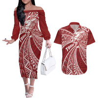 Tonga Independence Day Couples Matching Off The Shoulder Long Sleeve Dress and Hawaiian Shirt Tongatapu Lion Ngatu Motifs LT7 Red - Polynesian Pride