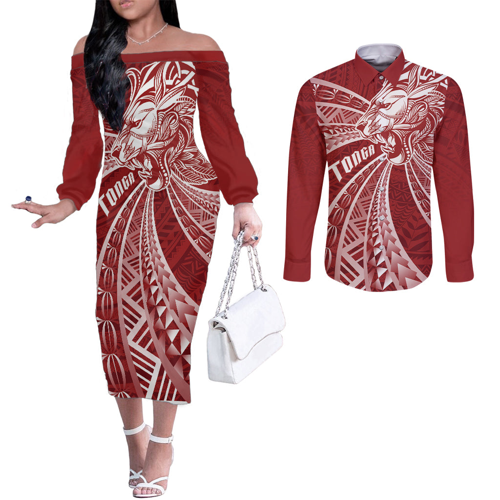Tonga Independence Day Couples Matching Off The Shoulder Long Sleeve Dress and Long Sleeve Button Shirt Tongatapu Lion Ngatu Motifs LT7 Red - Polynesian Pride