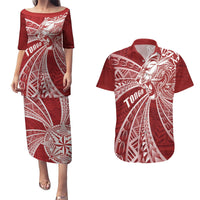 Tonga Independence Day Couples Matching Puletasi and Hawaiian Shirt Tongatapu Lion Ngatu Motifs LT7 Red - Polynesian Pride
