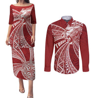 Tonga Independence Day Couples Matching Puletasi and Long Sleeve Button Shirt Tongatapu Lion Ngatu Motifs LT7 Red - Polynesian Pride