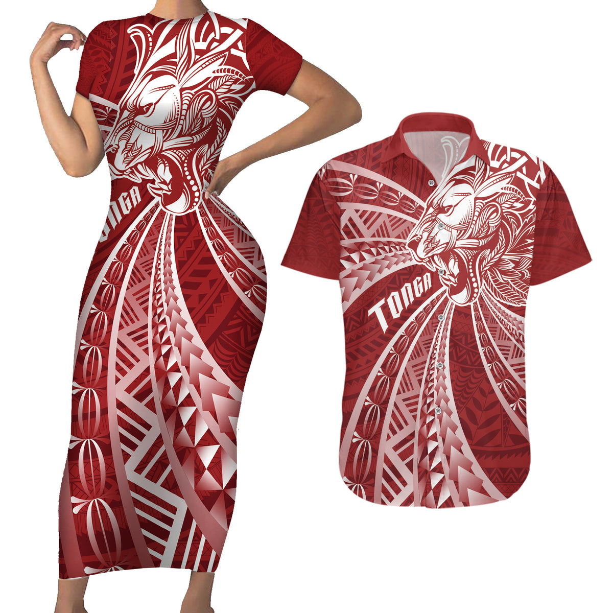 Tonga Independence Day Couples Matching Short Sleeve Bodycon Dress and Hawaiian Shirt Tongatapu Lion Ngatu Motifs LT7 Red - Polynesian Pride