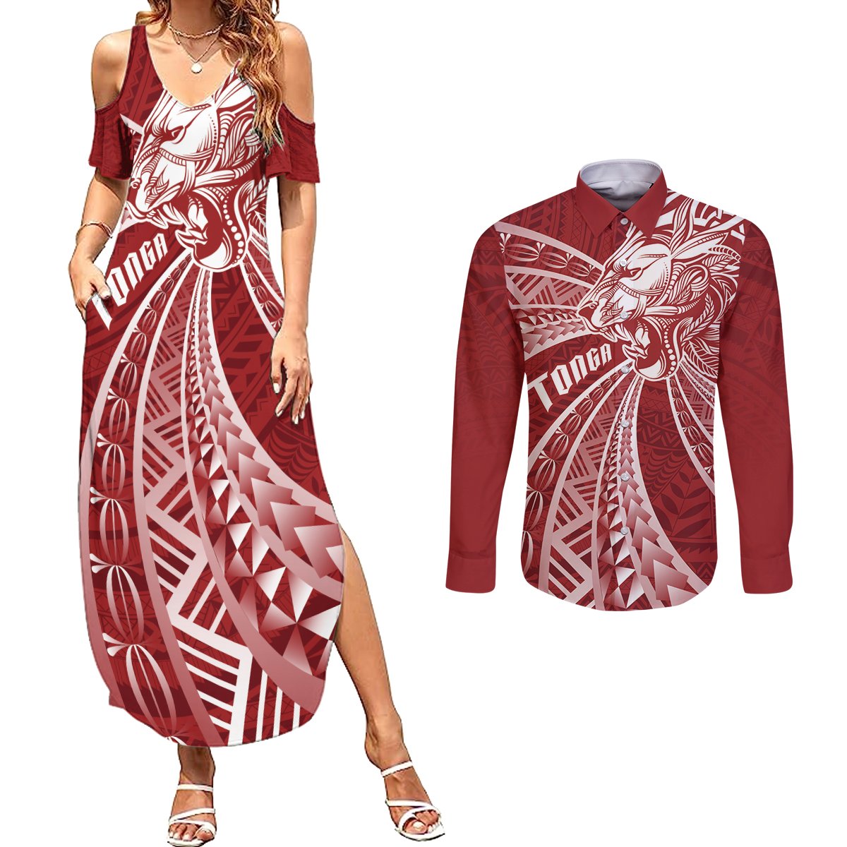 Tonga Independence Day Couples Matching Summer Maxi Dress and Long Sleeve Button Shirt Tongatapu Lion Ngatu Motifs LT7 Red - Polynesian Pride