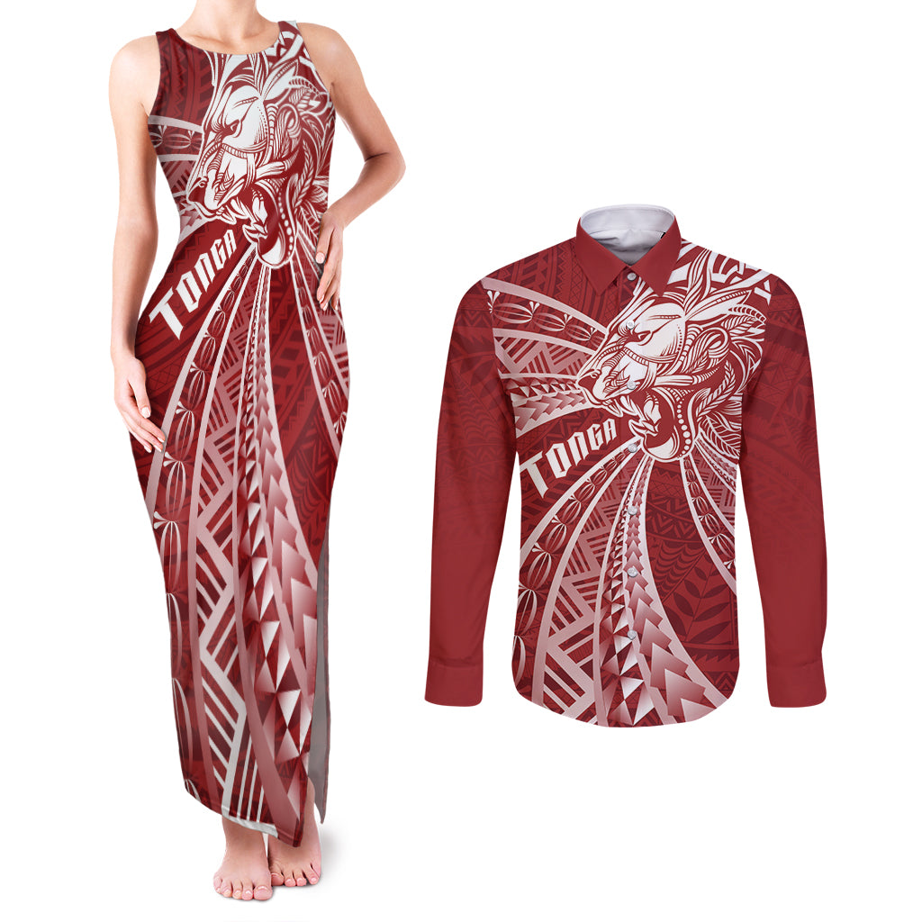 Tonga Independence Day Couples Matching Tank Maxi Dress and Long Sleeve Button Shirt Tongatapu Lion Ngatu Motifs LT7 Red - Polynesian Pride