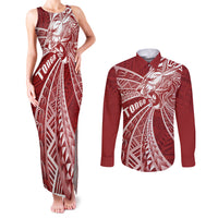 Tonga Independence Day Couples Matching Tank Maxi Dress and Long Sleeve Button Shirt Tongatapu Lion Ngatu Motifs LT7 Red - Polynesian Pride