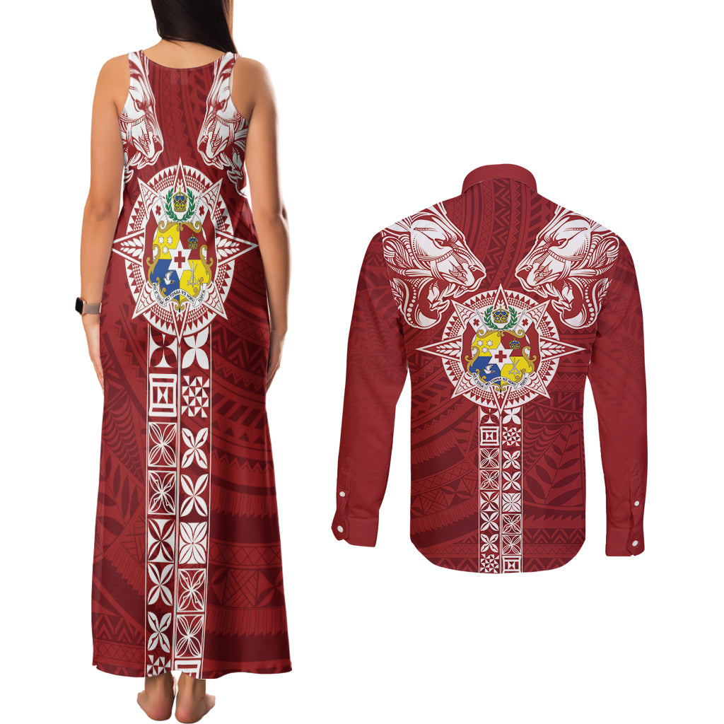 Tonga Independence Day Couples Matching Tank Maxi Dress and Long Sleeve Button Shirt Tongatapu Lion Ngatu Motifs LT7 - Polynesian Pride