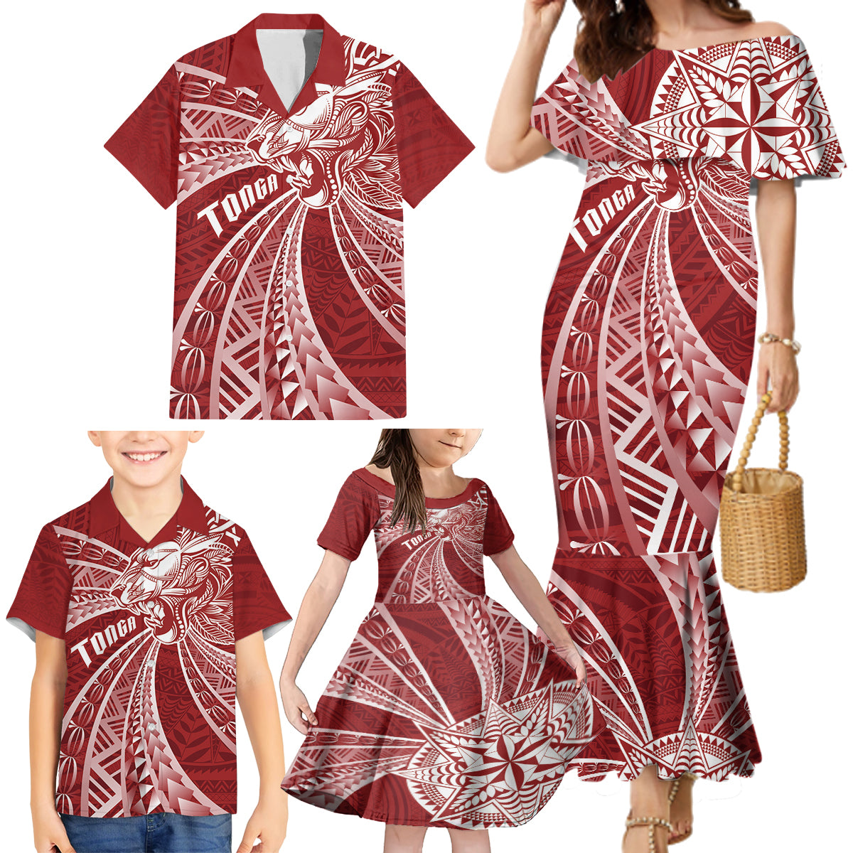 Tonga Independence Day Family Matching Mermaid Dress and Hawaiian Shirt Tongatapu Lion Ngatu Motifs LT7 - Polynesian Pride