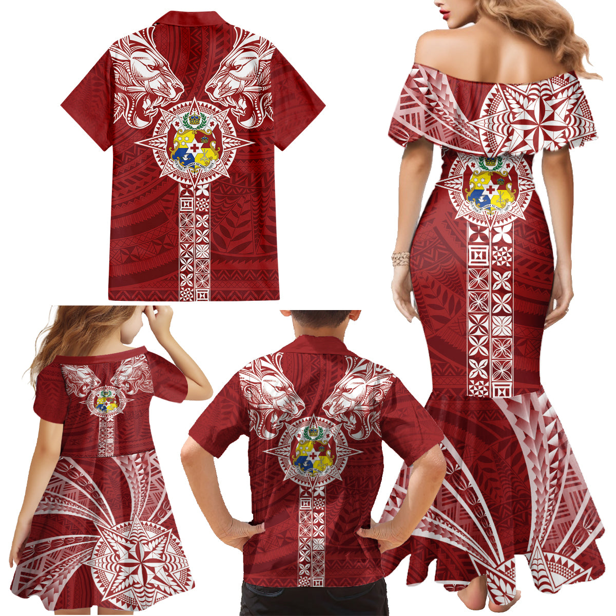 Tonga Independence Day Family Matching Mermaid Dress and Hawaiian Shirt Tongatapu Lion Ngatu Motifs LT7 - Polynesian Pride