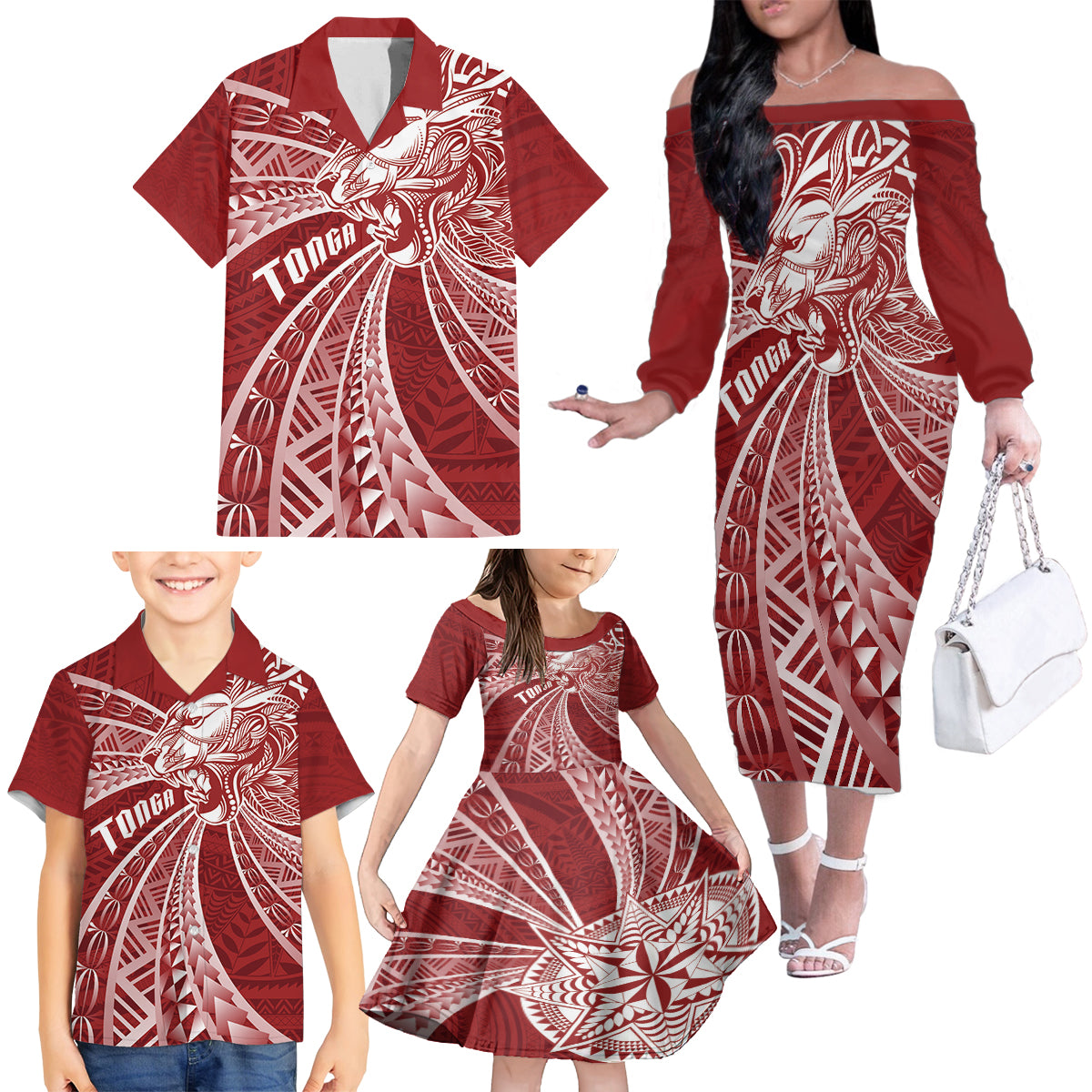 Tonga Independence Day Family Matching Off The Shoulder Long Sleeve Dress and Hawaiian Shirt Tongatapu Lion Ngatu Motifs LT7 - Polynesian Pride