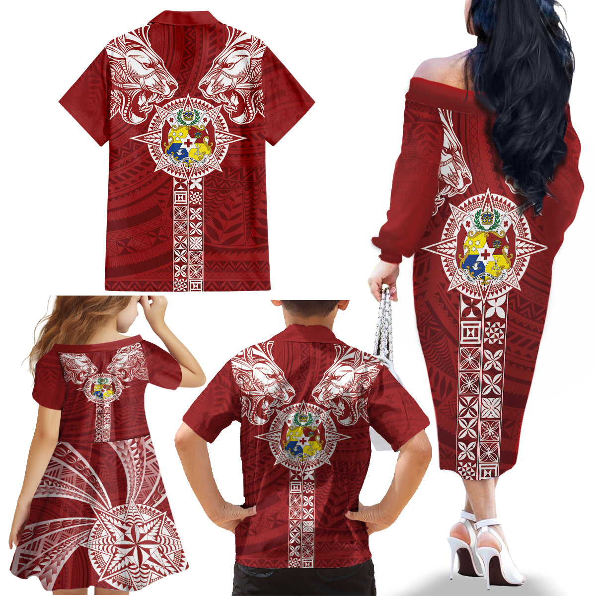 Tonga Independence Day Family Matching Off The Shoulder Long Sleeve Dress and Hawaiian Shirt Tongatapu Lion Ngatu Motifs LT7 - Polynesian Pride