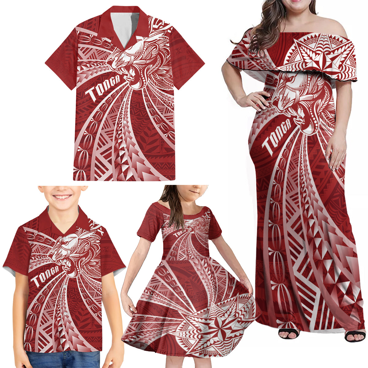 Tonga Independence Day Family Matching Off Shoulder Maxi Dress and Hawaiian Shirt Tongatapu Lion Ngatu Motifs LT7 - Polynesian Pride