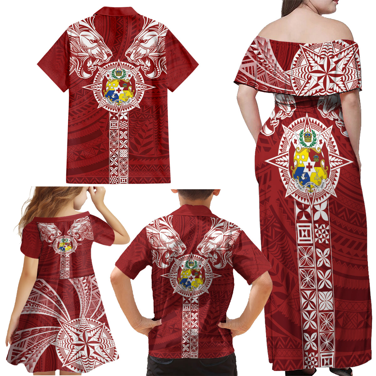 Tonga Independence Day Family Matching Off Shoulder Maxi Dress and Hawaiian Shirt Tongatapu Lion Ngatu Motifs LT7 - Polynesian Pride