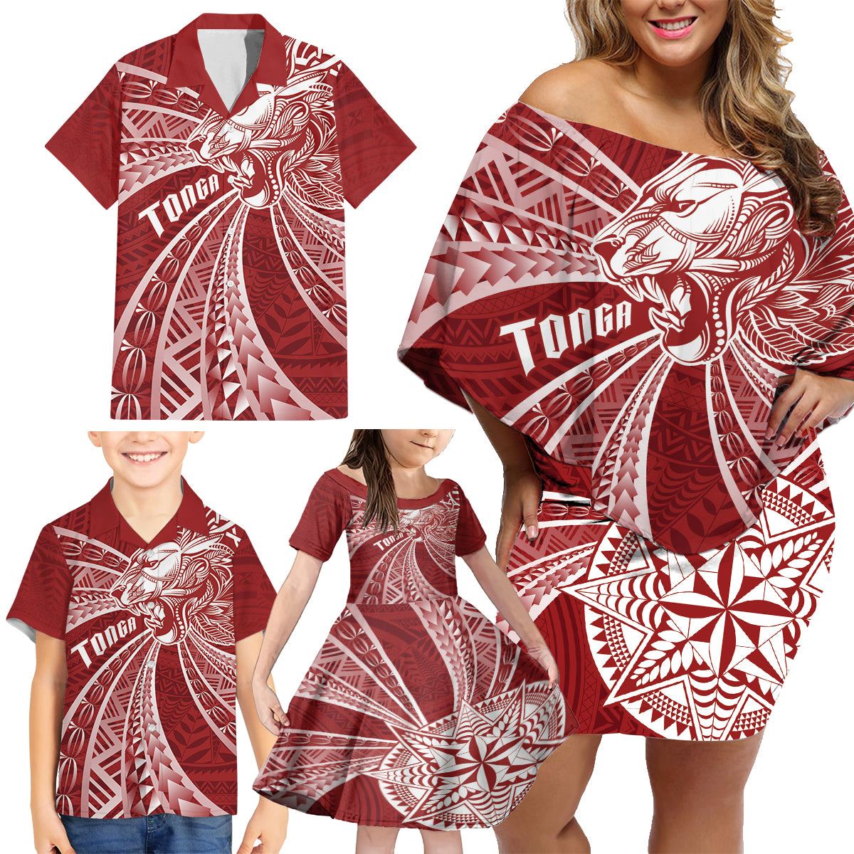 Tonga Independence Day Family Matching Off Shoulder Short Dress and Hawaiian Shirt Tongatapu Lion Ngatu Motifs LT7 - Polynesian Pride