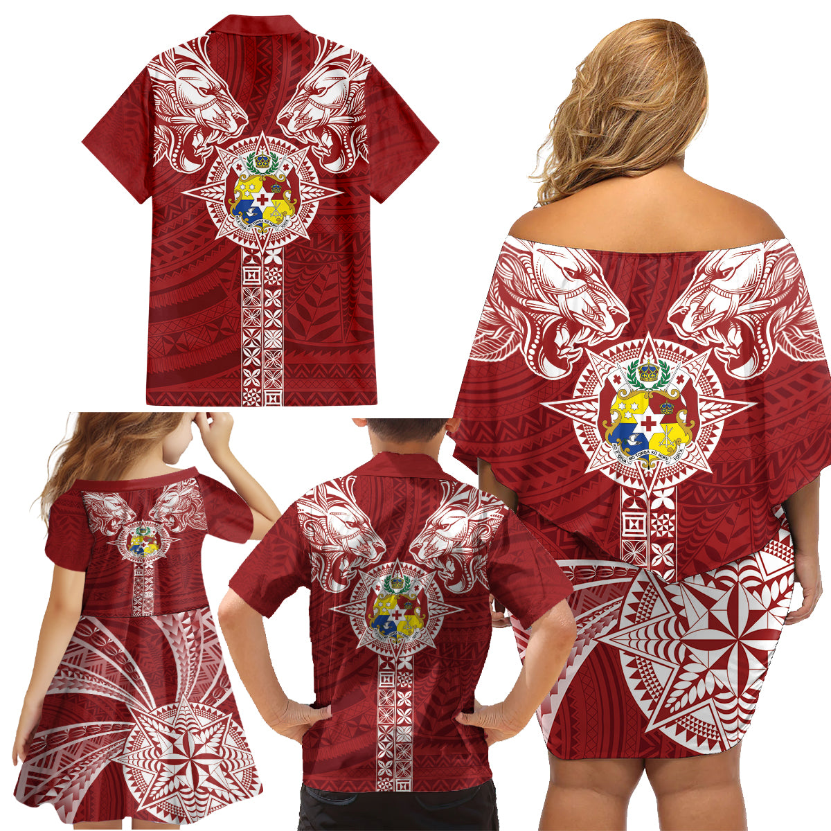Tonga Independence Day Family Matching Off Shoulder Short Dress and Hawaiian Shirt Tongatapu Lion Ngatu Motifs LT7 - Polynesian Pride