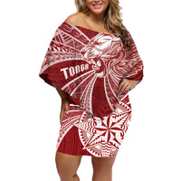 Tonga Independence Day Family Matching Off Shoulder Short Dress and Hawaiian Shirt Tongatapu Lion Ngatu Motifs LT7 Mom's Dress Red - Polynesian Pride