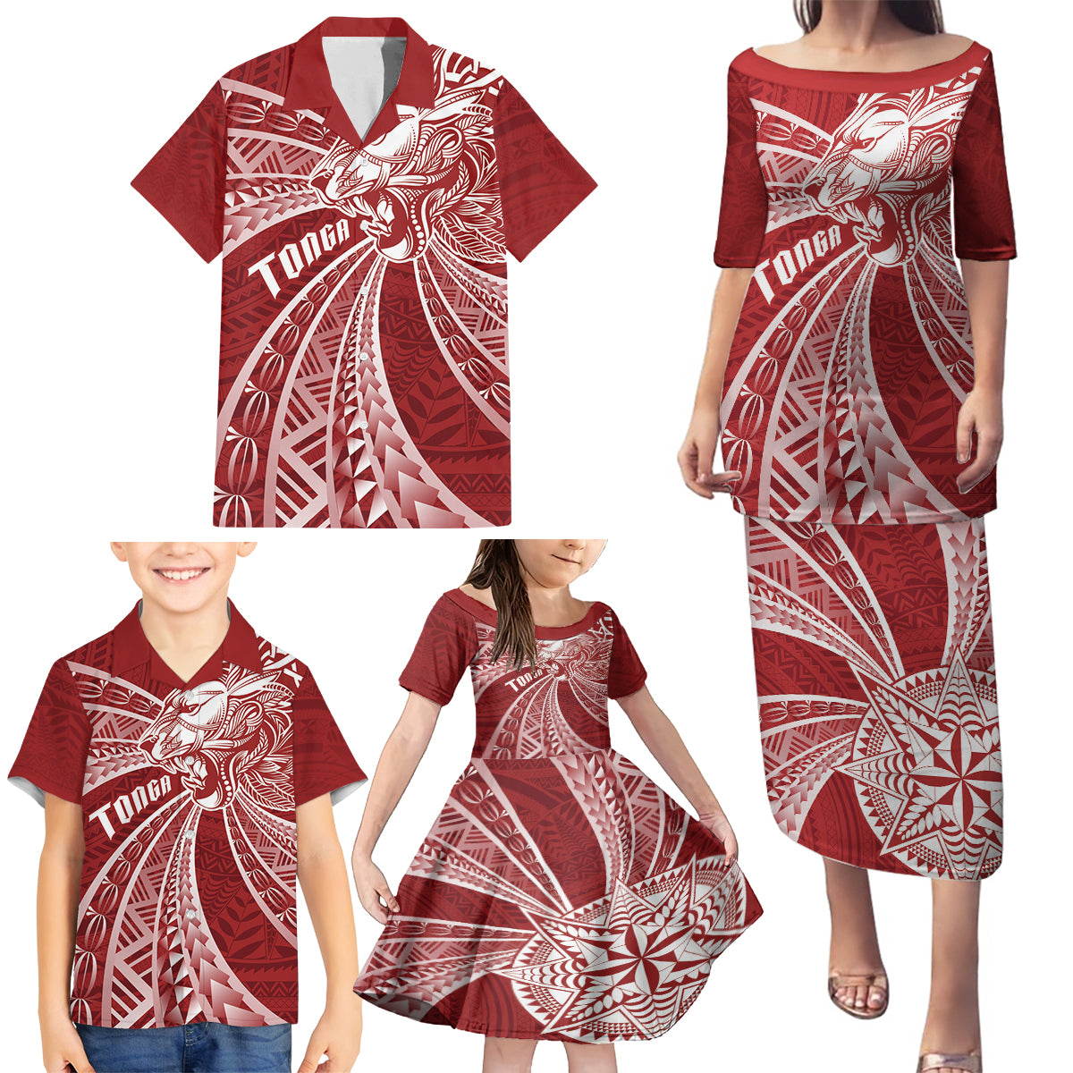 Tonga Independence Day Family Matching Puletasi and Hawaiian Shirt Tongatapu Lion Ngatu Motifs LT7 - Polynesian Pride