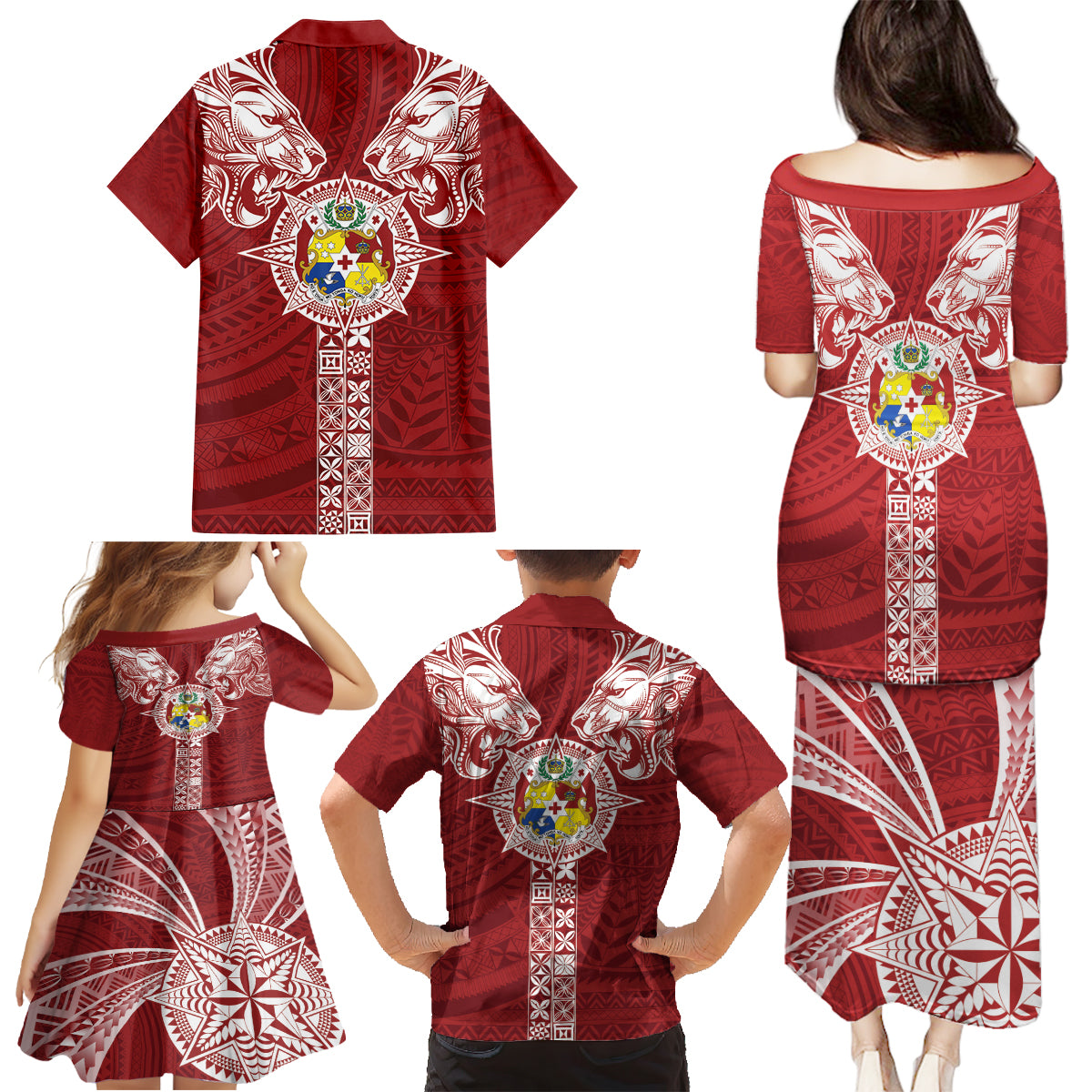 Tonga Independence Day Family Matching Puletasi and Hawaiian Shirt Tongatapu Lion Ngatu Motifs LT7 - Polynesian Pride