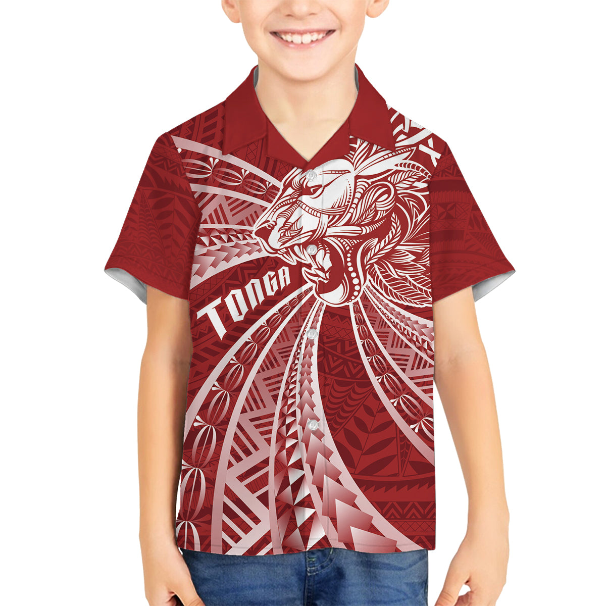 Tonga Independence Day Family Matching Puletasi and Hawaiian Shirt Tongatapu Lion Ngatu Motifs LT7 Son's Shirt Red - Polynesian Pride