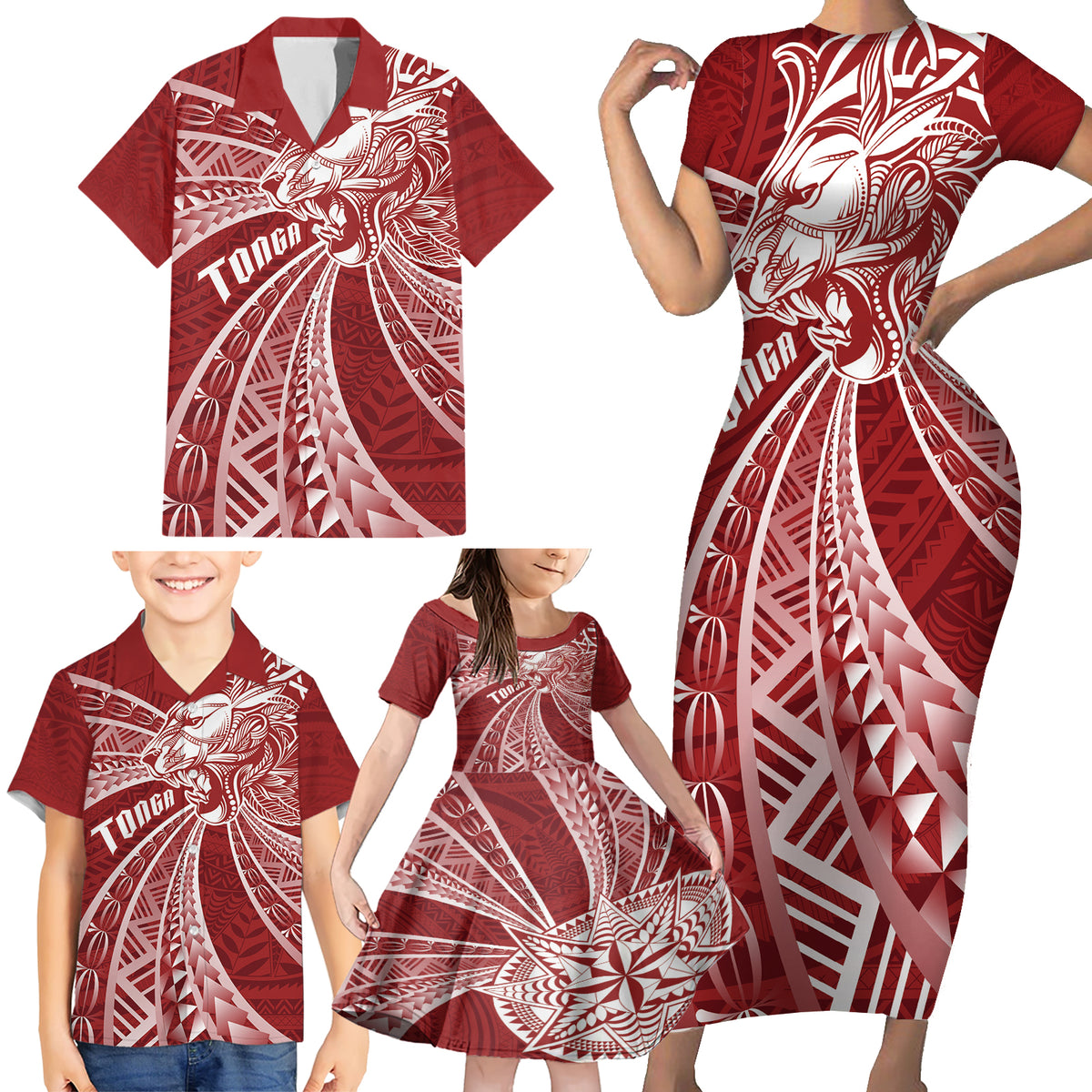 Tonga Independence Day Family Matching Short Sleeve Bodycon Dress and Hawaiian Shirt Tongatapu Lion Ngatu Motifs LT7 - Polynesian Pride