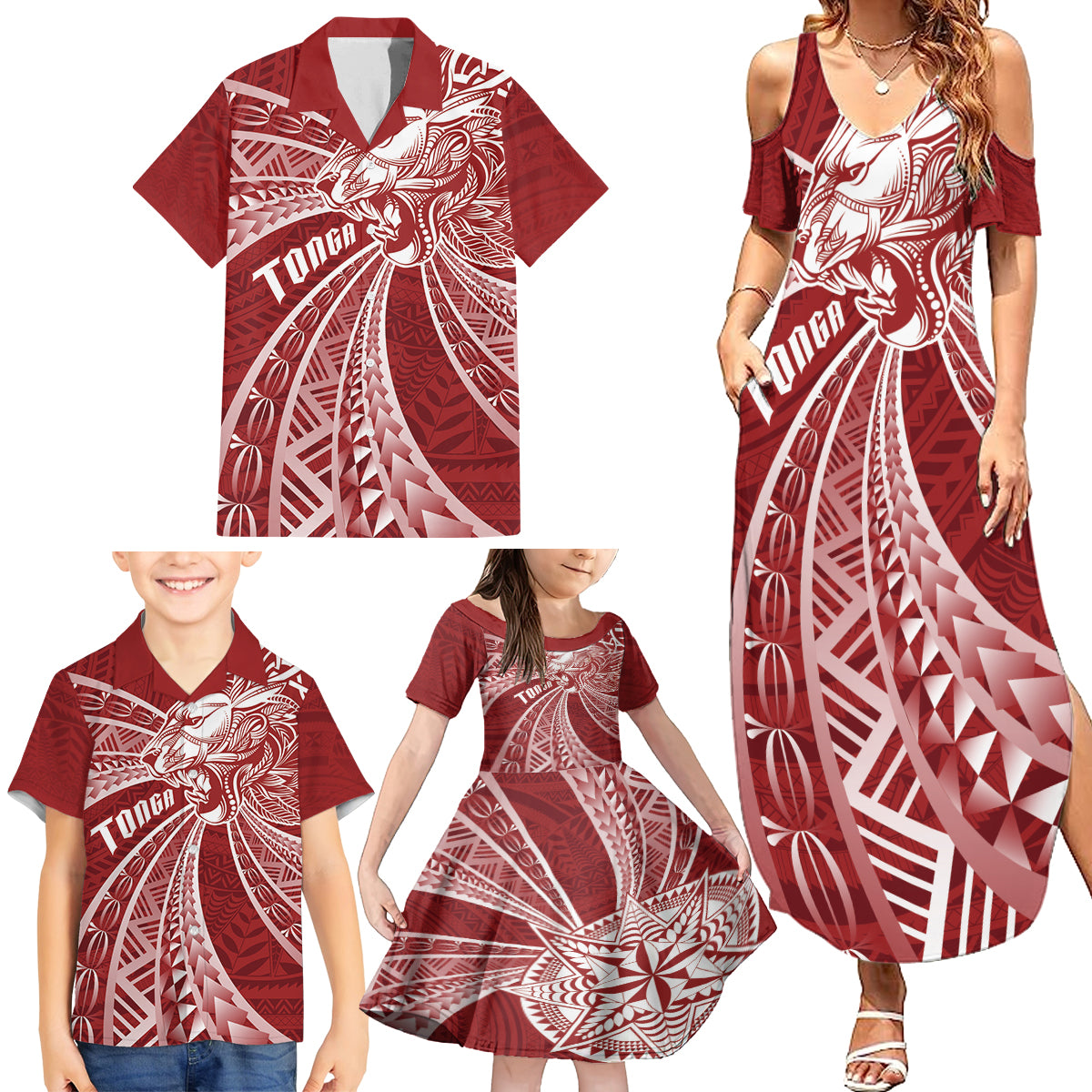 Tonga Independence Day Family Matching Summer Maxi Dress and Hawaiian Shirt Tongatapu Lion Ngatu Motifs LT7 - Polynesian Pride