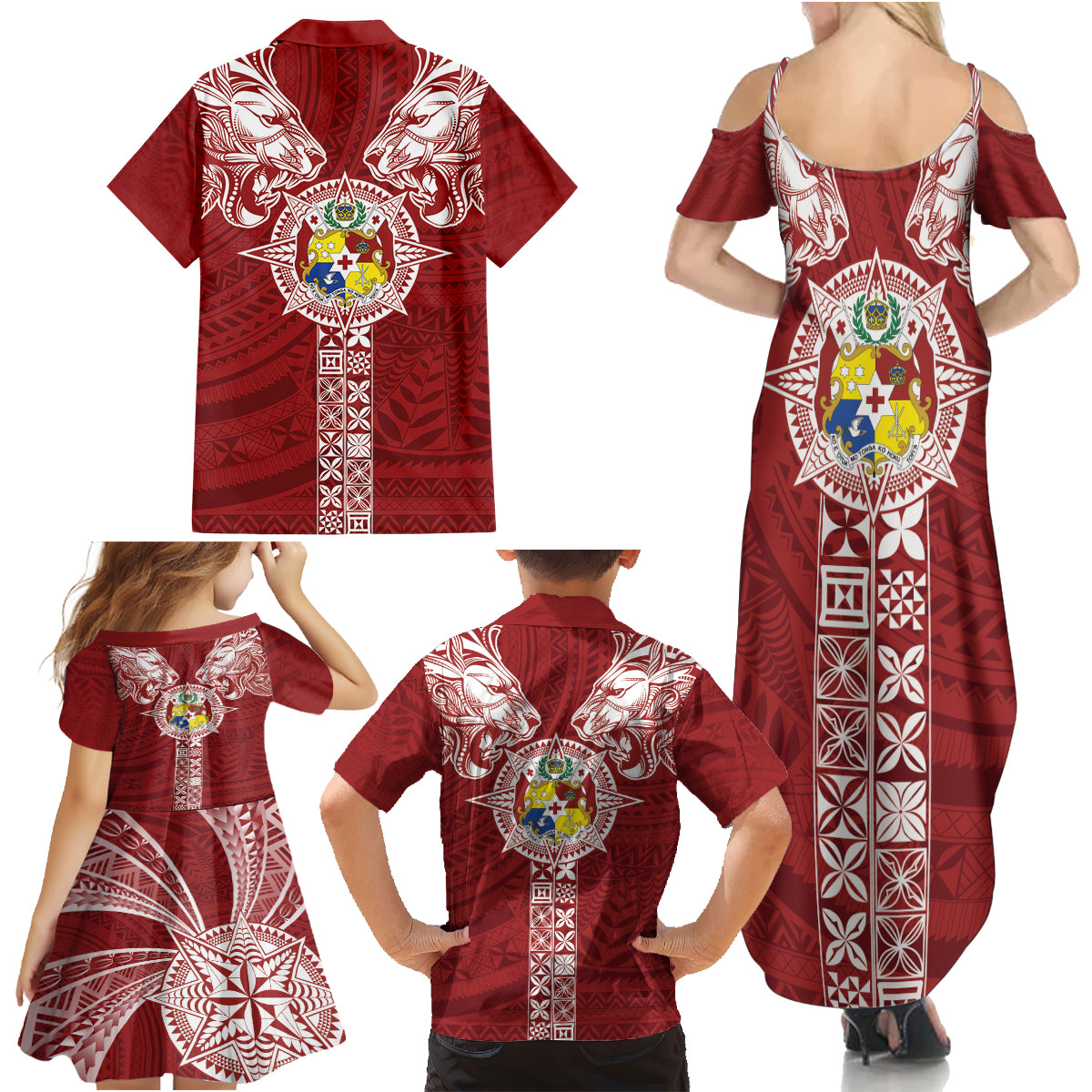 Tonga Independence Day Family Matching Summer Maxi Dress and Hawaiian Shirt Tongatapu Lion Ngatu Motifs LT7 - Polynesian Pride