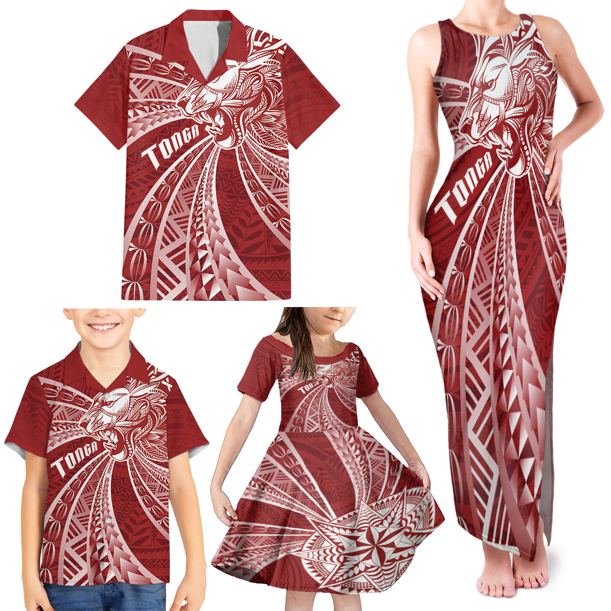 Tonga Independence Day Family Matching Tank Maxi Dress and Hawaiian Shirt Tongatapu Lion Ngatu Motifs LT7 - Polynesian Pride